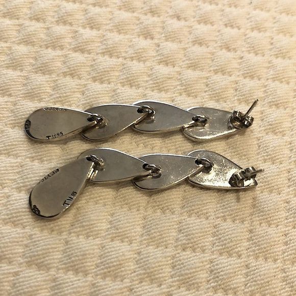 TAXCO Crushed Blue Turquoise Inlay Linear Drop Dangle Sterling Silver Earrings - Picture 4 of 7